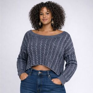 RARE Lucky Brand navy blue cable knit asymmetrical hem cropped wide neck sweater